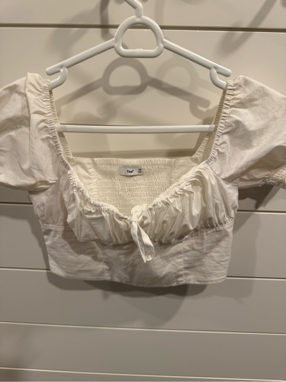 TNA White Puff Sleeve Smocked Crop Top